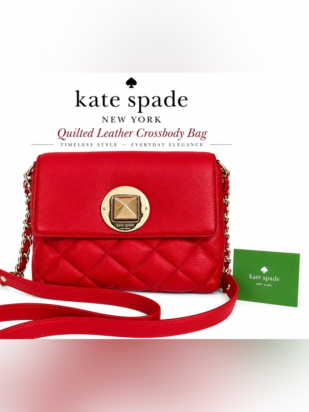 Kate Spade CherryRed Quilted Leather Crossbody Bag Gold Turnlock Chain Strap Y2K